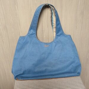 Fossil Tote Bag Large Blue Denim Striped Handle Shoulder Hobo Pocket 15x17 Flaws